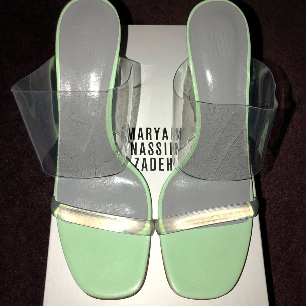 Maryam Nassir Zadeh Key Lime Calf Olympia Wedge Heels with Clear Straps